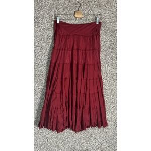 Burgundy Red Boho Tiered Indie Maxi Skirt Sz Small Vtg Whimsigoth Cottagecore